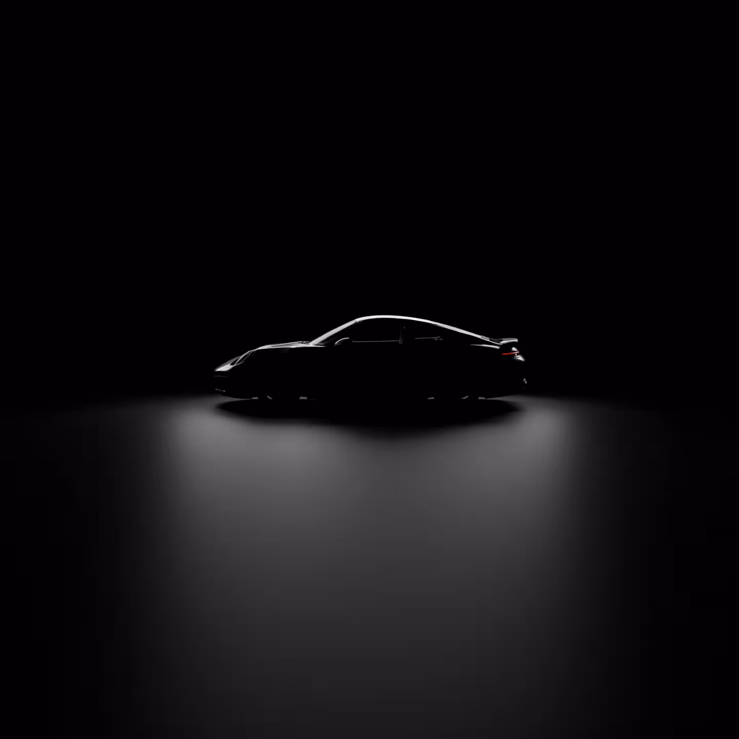 Dark, moody studio silhouette of a sports car with a rim-lit profile and glowing red taillight.