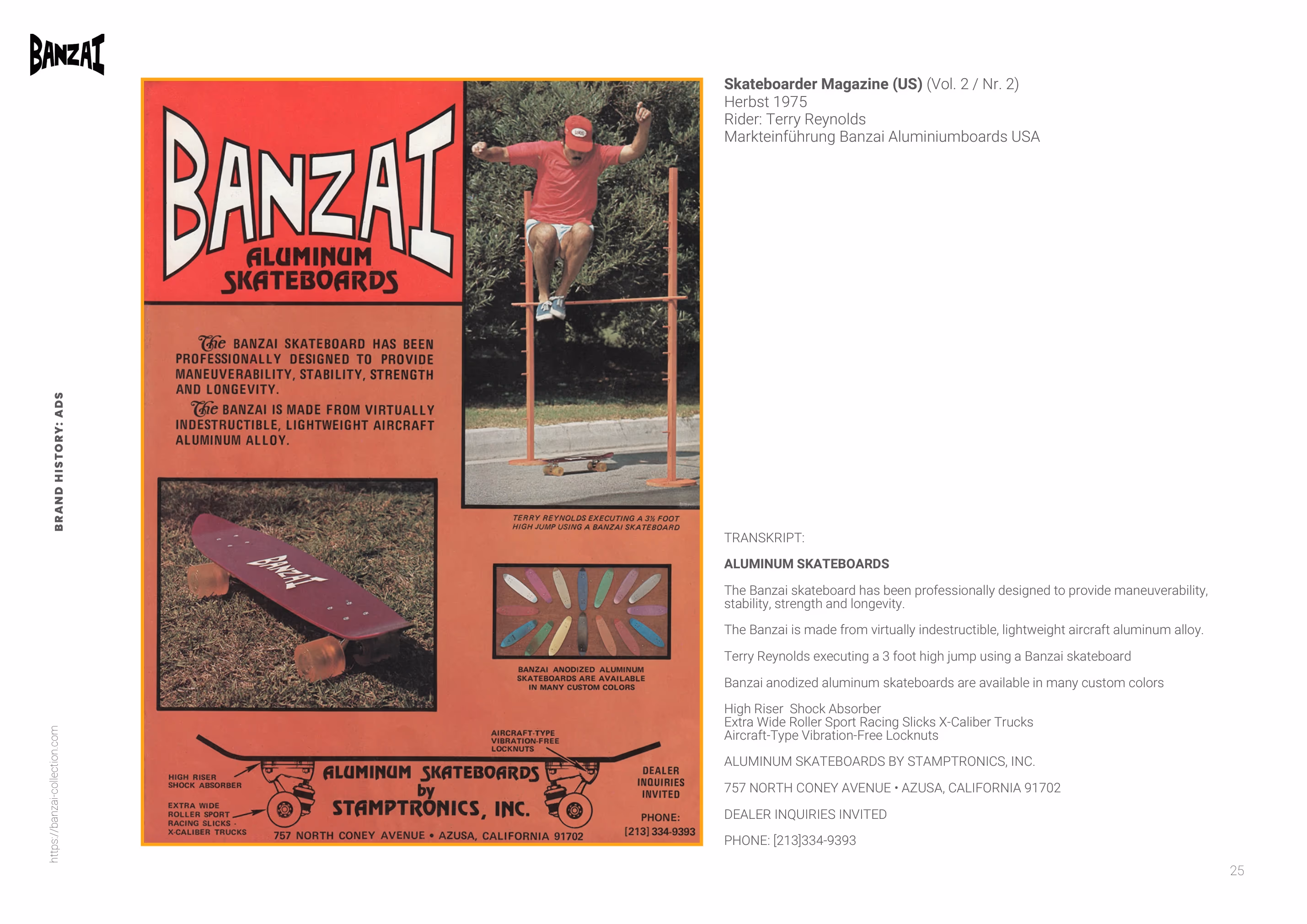 Red Banzai aluminium skateboard advertisement featuring Terry Reynolds, Skateboarder Magazine, 1975