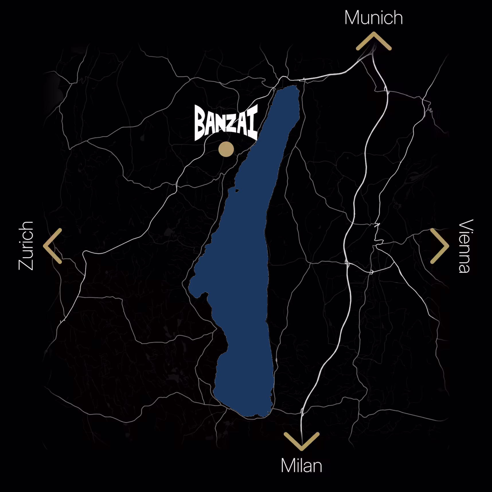 Dark map graphic marking the Banzai location by Lake Starnberg, shown in Porsche Gentian Blue, with routes to Zurich, Munich, Vienna and Milan.